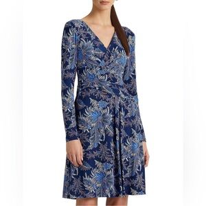 Lauren RALPH LAUREN Glendon Navy Floral Long Sleeve Faux Wrap Dress Sz 14 NWT